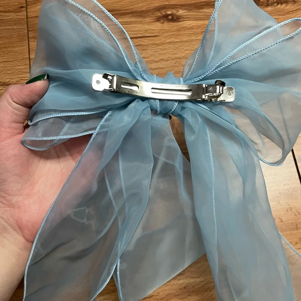 Oversized Blue Tule Bow French Barrette Hair Clip